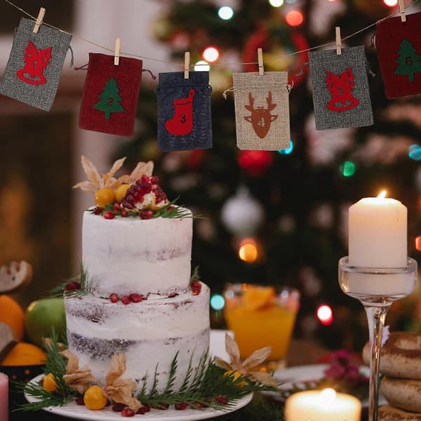 Julnedräkningspåsar för förvaring 24-dagars julkalender med dragsko