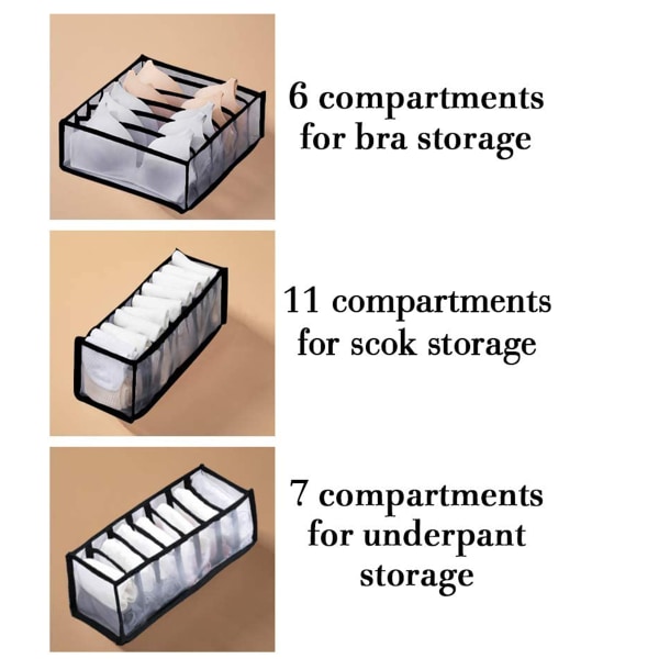 Underkläder Organizer lådavdelare, set med 3 innehåller 6+7+11 celler