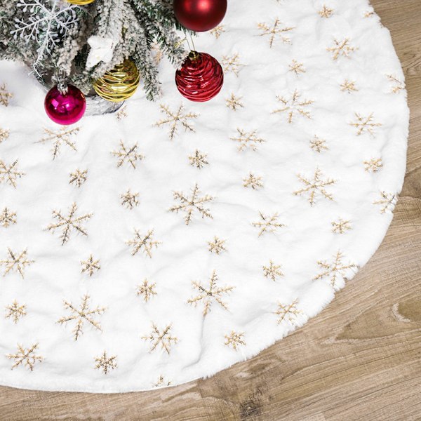 Lyxig Julgransmatta i Fuskpäls, Gyllene Snöflingedekoration, Fluffigt Material för Julgran, Dubbellagersdesign med Paljetter