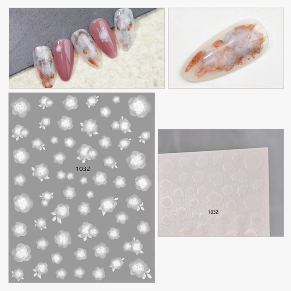 White Flower Nail Art Stickers, 3D selvklebende utsøkt