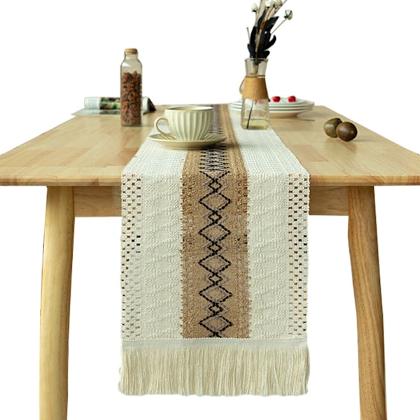 Bordslöpare i bohemisk stil, dekorerad med tofsar, bomulls- och linneblandning för bondgårdsinredning, elegant design med färgstarka inslag, mångsidig storlek för