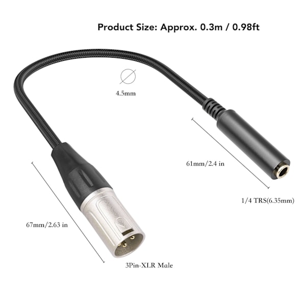 6,35 mm 1/4 tommer hun til XLR han adapterkabel 3-polet han til 6,35 mm sokkel mikrofon lydkabel