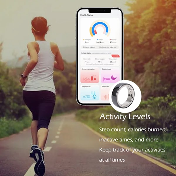 Älykäs terveysrengas Bluetooth-terveyden seurantarengas Veren happisaturaation seuranta Askellaskenta Vedenpitävä Ladattava Puettava älyrengas Koko 20