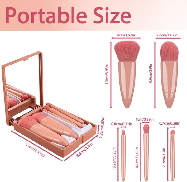5-pak Makeup Brush Set med Spejlboks, Bløde Makeupbørster Cosm