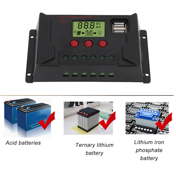 Solcellecontroller PWM 12V 24V Automatisk tilpasning LCD-display USB-port Solregulering 50A