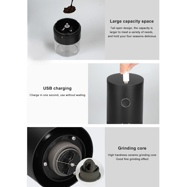 Sladdlös elektrisk kaffebönslipare USB-laddning bärbar akryl transparent synlig för hem kök svart