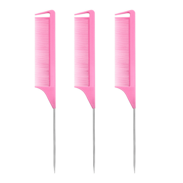 Rat Tail Combs Parting Comb: 3st Rat Tail Comb Set, Long Steel pink