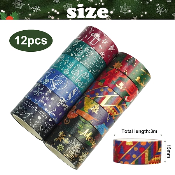 Dekorativ tejp för pyssel, washi-tejp med jultema, 12 rullar miljövänlig washi-tejp med blandade julmönster, perfekt för jultema