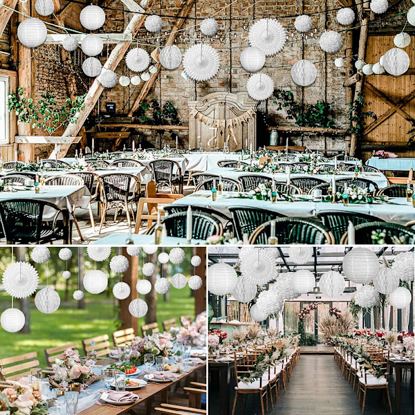 Pappersboll fluffig blomma vit bröllopsdekoration, 20 stycken papper fluffig sidenboll hängande, retro lampa fluffig honeycomb bröllop födelsedag eller baby White
