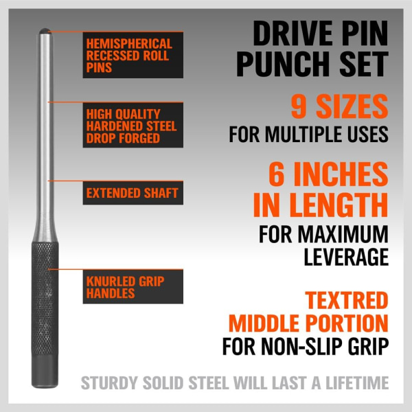 9 stykker Roll Pin Punch Set, våpensmedsett for fjerning av reparasjon