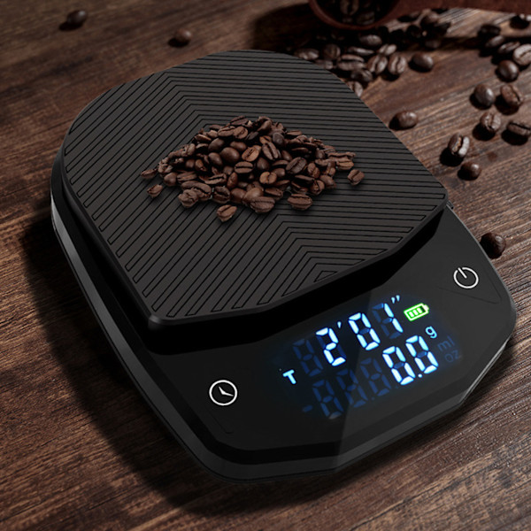 Digital kaffevåg, uppladdningsbar, tydlig display, digital matvåg med timer för hemmakök