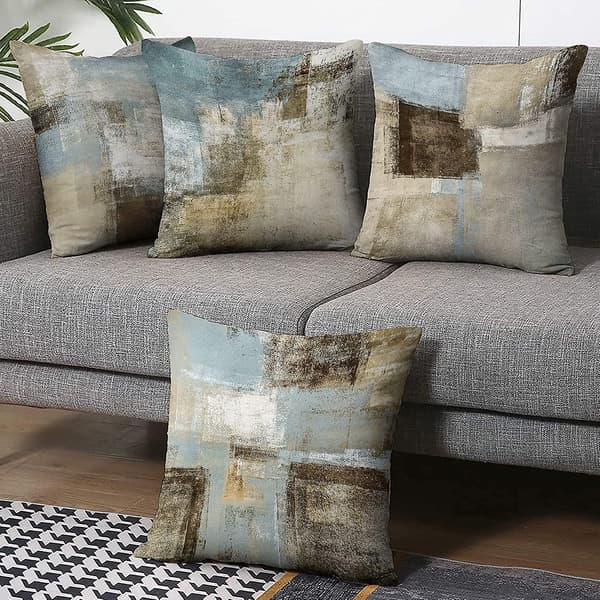Pudebetræk med designerlook, komfortable og miljøvenlige, abstrakt kunst tilføjer elegance til ethvert rum, grå og blå (4 stk.)