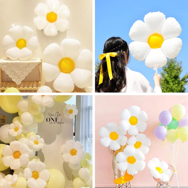 Daisy Blomsterballonger, Aluminiumfolieballonger med Självförslutande Design, Perfekt för Återanvändbara och Giftfria Festdekorationer, Groovy Boho Daisy Tema