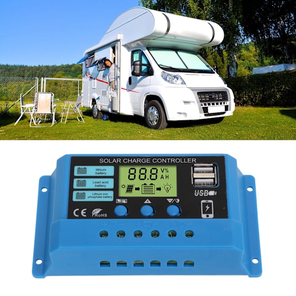 Solcellelader 12V 24V Batteri Solcellepanel Laderegulator for Hjem RV 20A