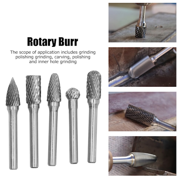 5 stk./sæt wolfram stål slibning burr roterende slibemaskiner 6MM skaft hoved roterende fræser