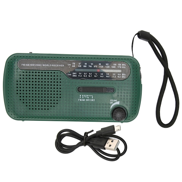 Håndsveiv solradio AM FM SW1 SW2 Camping LED lommelykt Multiband Camping Nødradio for utendørs grønn