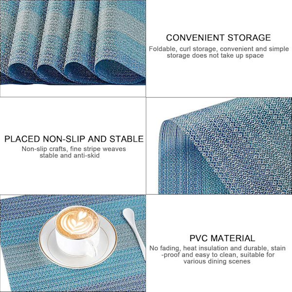 Plassmatte Tørkbar Bordmatte Vaskbar Sett med 6 PVC Plassmatter