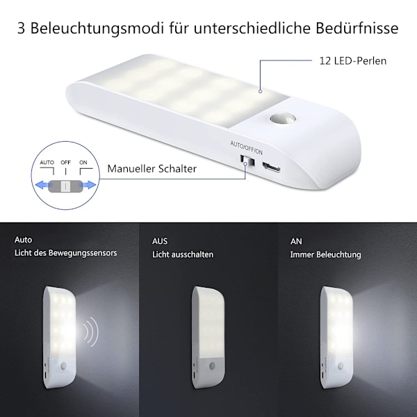 Rörelsesensorlampa Inomhus, Skåpbelysning Med Fjärrkontroll, 600mAh Uppladdningsbart Batteri Garderobslampor, 12-LED Trådlös För Barnrum,