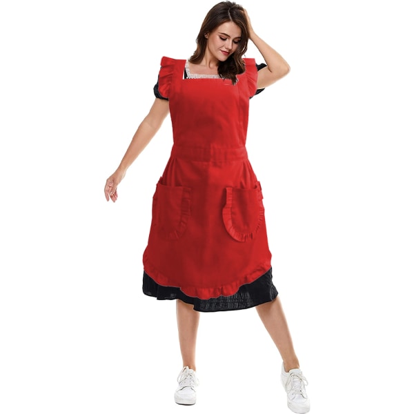 Retro justerbart volangförkläde med fickor, Small till Plus Size L Red