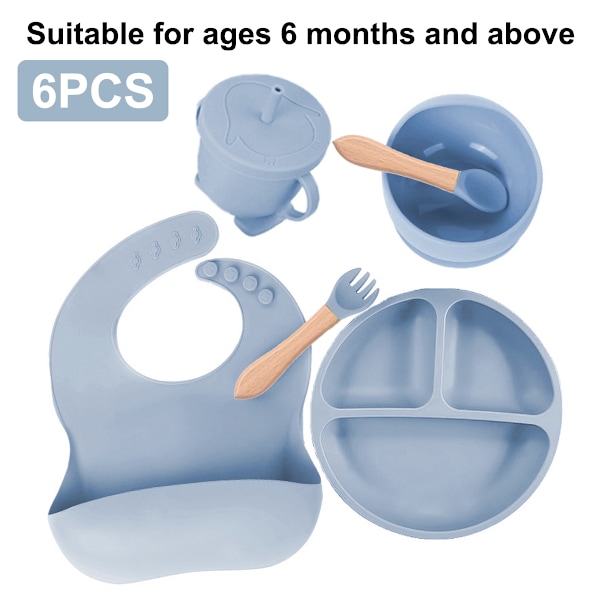 Børns supplerende silikone tallerken baby supplerende skål smiley tallerken seks-delt bestik sæt grey blue