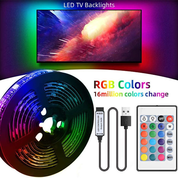 5V USB LED-remsor 16 färger och 4 lägen Vattentät flexibel färgväxlande RGB LED-ljusremsa med fjärrkontroll