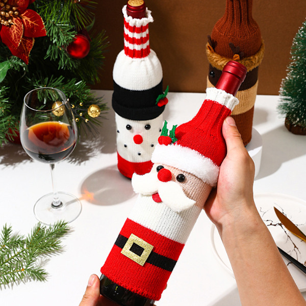 Julens Elegans, Julvinflaskfodral med Kreativ Stickad Tomte och Snögubbe Design, Högkvalitativ Polyester Virkning,