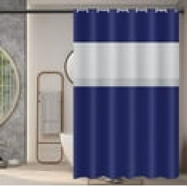 Duschdraperi med snäppfäste, vattentätt duschdraperisett utan krokar med tygfoder, delad ringdesign halvtransparent meshöverdel