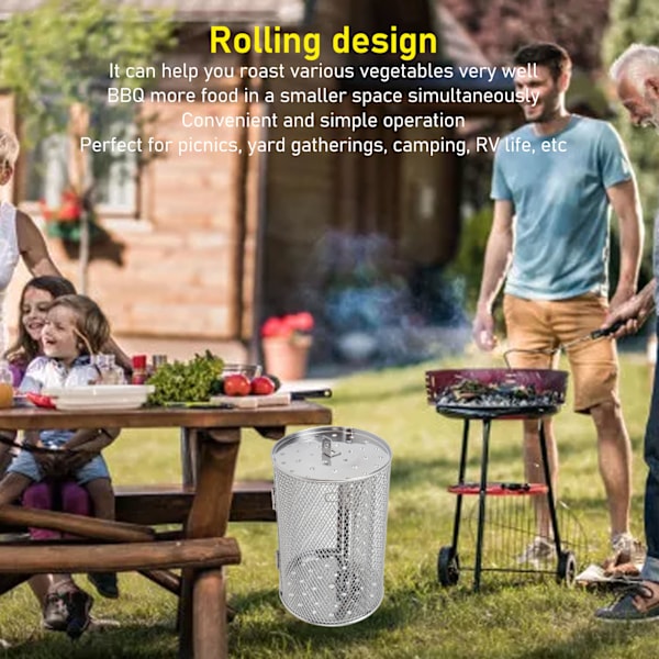 Rullande grillkorg i rostfritt stål BBQ rullande korg gaffel trådnätscylinder grillkorg för camping picknickfest 23 cm höjd