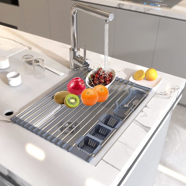 Innovativ Kökskompanjon, Justerbart Diskställ i Rostfritt Stål som Kan Rullas Ihop Med Bestickhållare, Perfekt För Utrymmesbesparing Och Multifunktionalitet