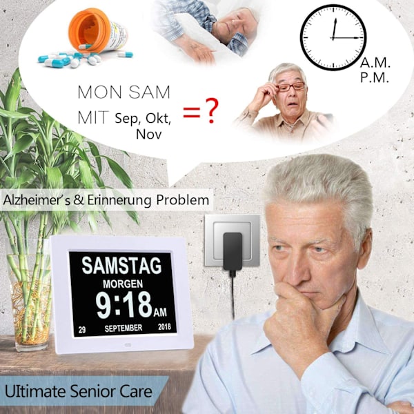 Digital klocka med automatisk justering för sommartid, sol- och månikoner, anpassade påminnelser, kalenderklocka, dag- och datumklocka, flera alarm, anpassade visuella element för hemmet