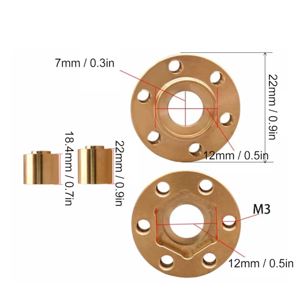 4 stk messing hjul sekskant navadapter RC bil beltebredder adapter for 1/10 RC belte 1,9 2,2 tommer VP hjul felger 22 mm tykkelse