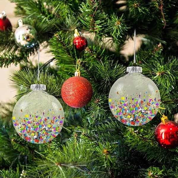 12 stk. flate julekuler, klare ornamenter, julepynt, bryllupsdekorasjon, fyllbare julekuler, plastornamenter, runde kuler, nyttår
