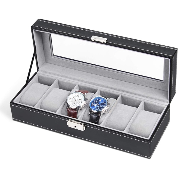 6 Slot Leather Watch Box case Organizer Glass Jewelry St