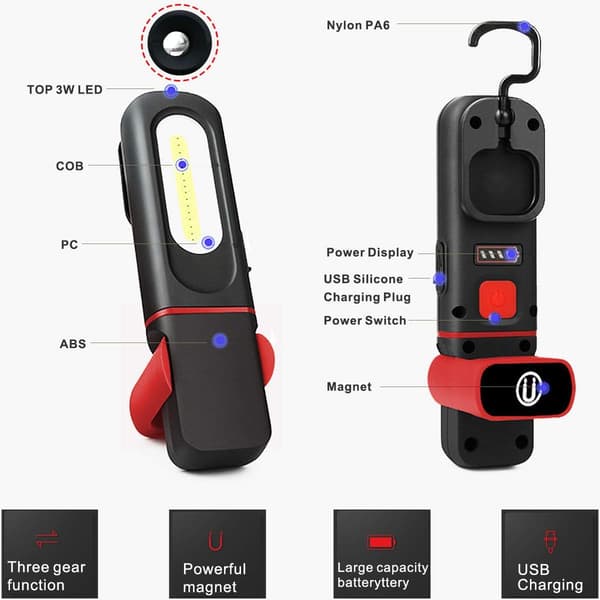 Arbeidslys, magnetisk USB oppladbart LED-arbeidslys, COB mekanisk