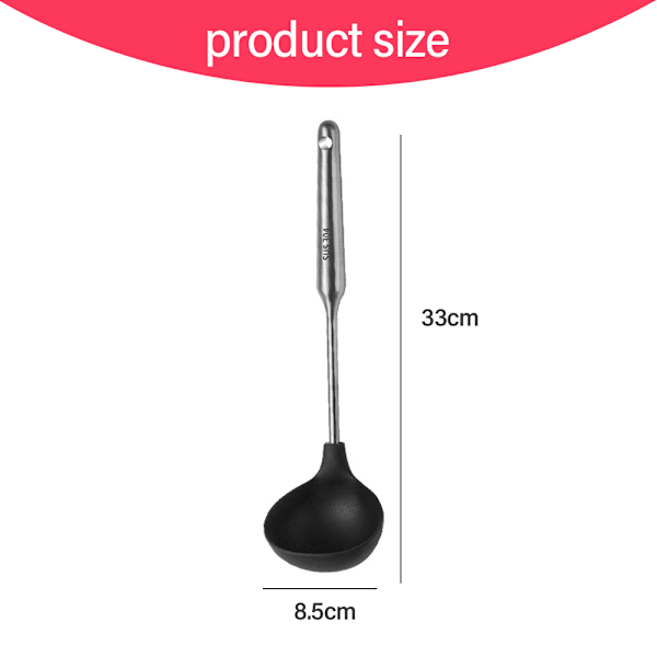 Ergonomisk slev i rostfritt stål, spegelpolerad finish, bekväm att arbeta med, rostbeständig, lätt att rengöra, diskmaskinsäker för non-stick