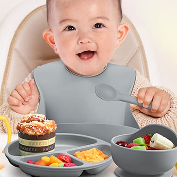 Barnens kompletterande silikonplatta babykompletterande skål smiley platta sexdelad besticksset grey