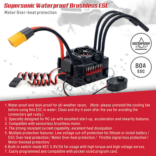 V2 80A Børsteløs ESC Vandafvisende Hastighedsregulator med XT60 til T-stik til 1/10 RC-model