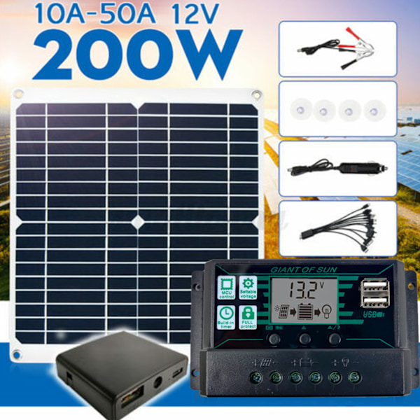 200W 12V Bärbar Solpanel Kit Monokristallin Solpanel med Regulator för Cykling Bergsklättring Vandring Camping 40A