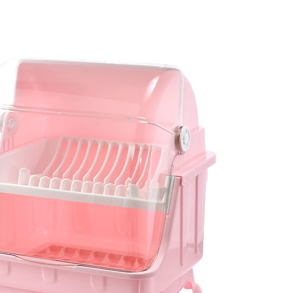 Cutlery Dish Drainer Rack with Lid Cover Multifunctional Kitchen Tableware Storage Box Pink