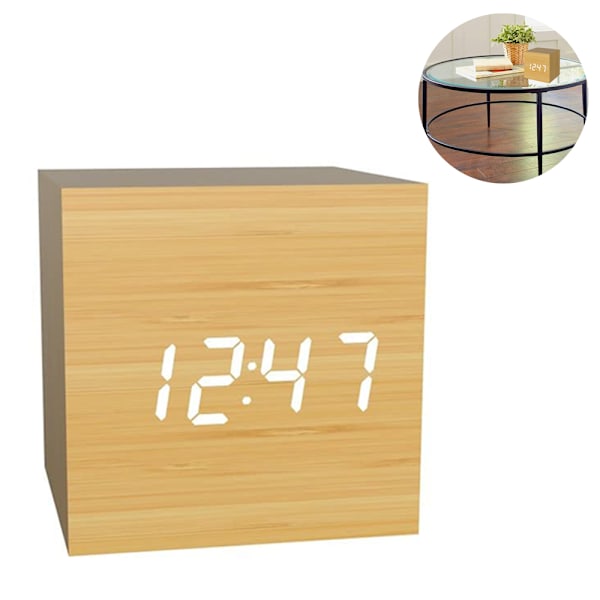 Digital väckarklocka, trä LED-ljus mini modern kub skrivbordslarm