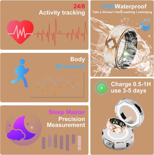 Fitness Tracker Smart Ring, Hjertefrekvensdeteksjon IP68 Vanntett Design, Blodoksygendeteksjon Søvnhelseanalyse Ring med Gestkontroll