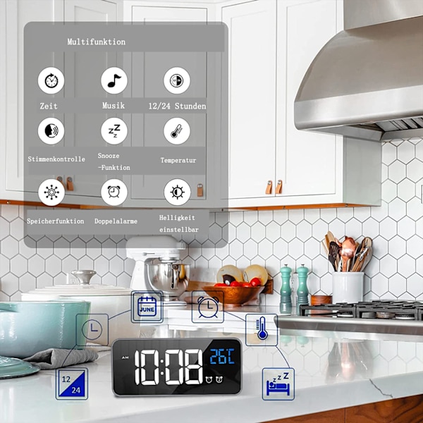 Digital Väggklocka, Automatisk Dimning LED Spegel Stor Display, Dubbla Alarm med Snooze-funktion, Röststyrningsaktivering för Sovrumsinredning