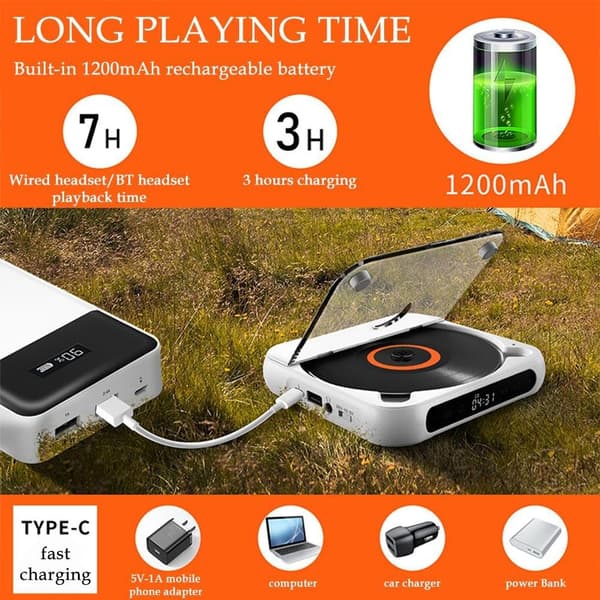 Bærbar CD-afspiller med Bluetooth, Multi-Mode Musikafspiller CD-afspiller med Genopladeligt Batteri og Stødbeskyttelse, USB-interface LED-display