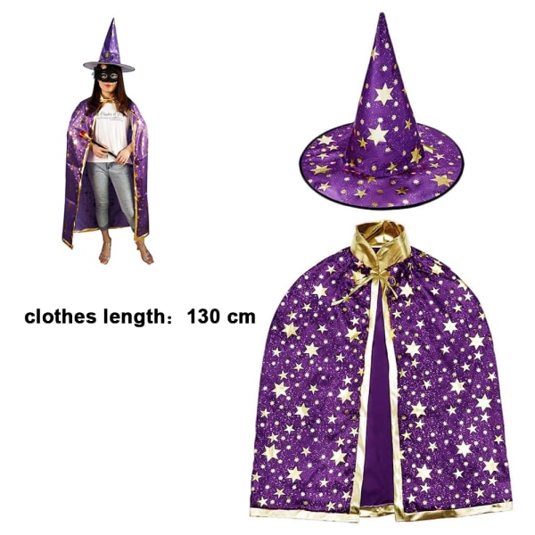 Wizard Cape Heksekappe med hatt, Halloween-kostymerekvisitter til