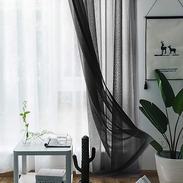 Gardiner Paneler Soveværelse Semi Sheer Voile Gardiner Sort (100*250)