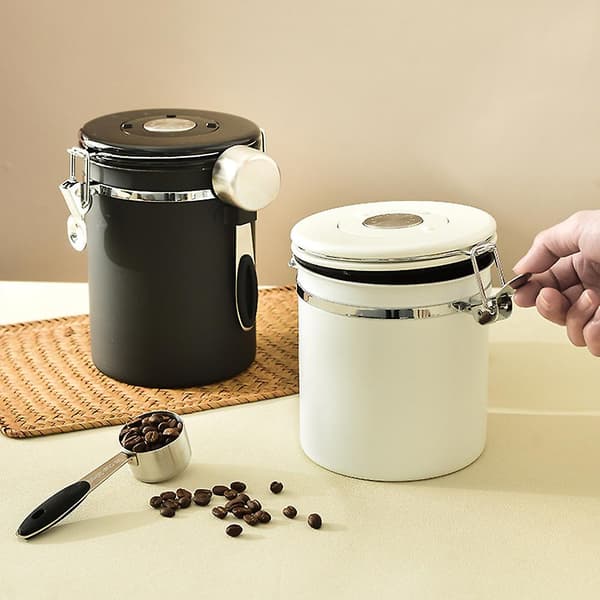 Kaffebönbehållare med luftventil, kaffeburk i rostfritt stål för kaffebönor och te White 1.2L