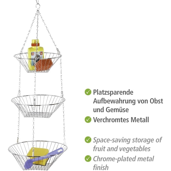 Elegant Korg för Frukt- och Grönsaksförvaring, Utrymmesbesparande Design för Kök och Hem, Silver, 3-Vånings Hängande Förvaringskollektion