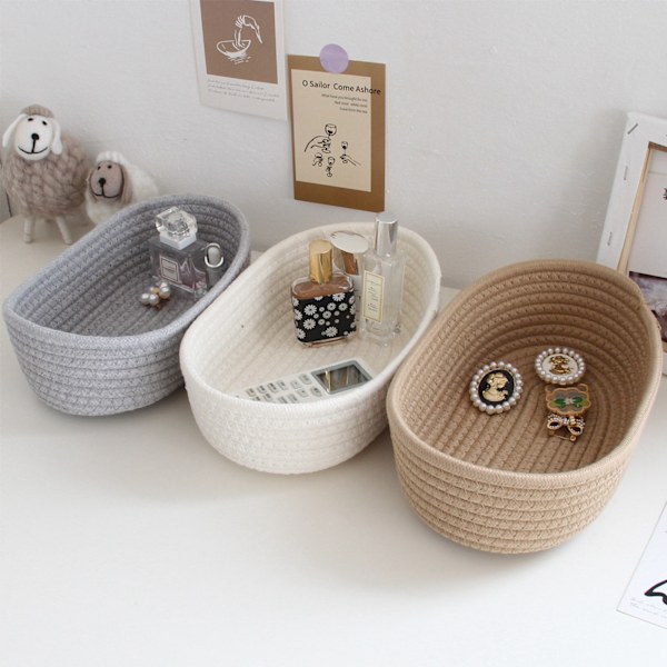 3 Pcs Desktop Storage Basket Oval Organizer Container Cotton Rope Hand Woven for Makeup Snacks Grey