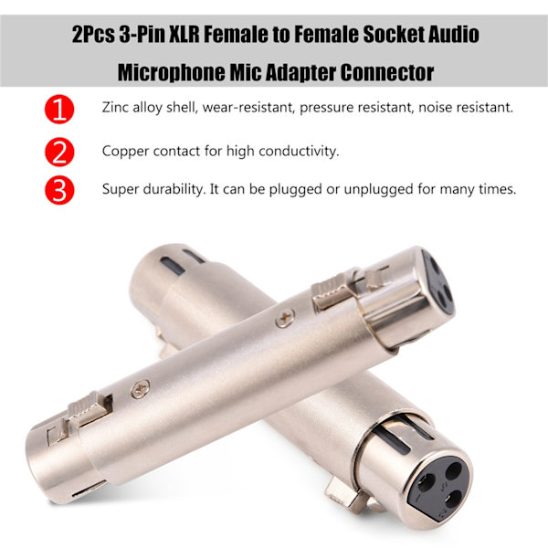 2 st 3-stifts XLR hona till hona ljudmikrofonadapterkontakt