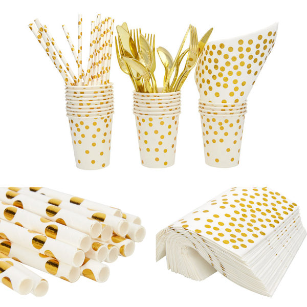 Svart Bakgrund Guldfolie Prickdesign, Uppgraderat Material Elegant Modern Touch Engångs Festservis, Perfekt för Speciella Tillfällen Inklusive